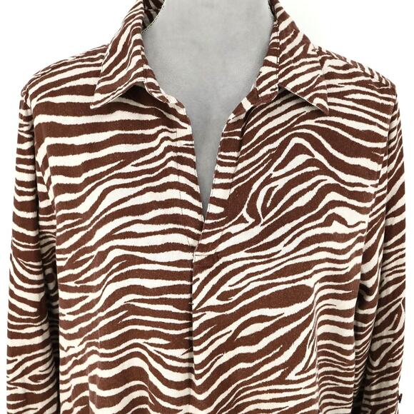 Jones NY Top Plus Size 1X Linen Blend Ivory Brown Animal Print Blouse Henley - Picture 7 of 13